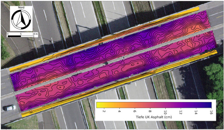 Flächendeckende Georadar-Vermessung der Belagsmächtigkeiten auf Autobahnüberführungen
