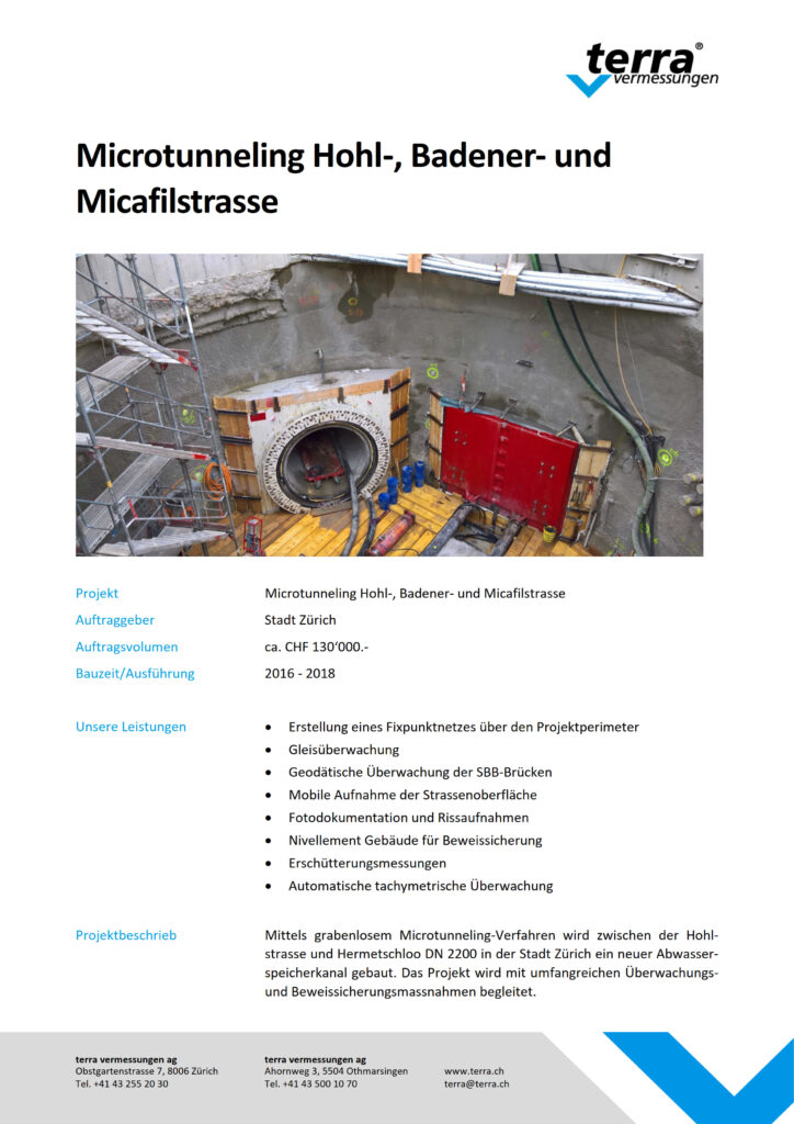 terra vermessungen ag projekte microtunneling hohlstrasse badenerstrasse micafilstrasse referenzblatt rev01